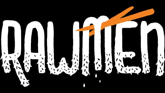 Scribbled white text with hair-like texture, orange chopsticks through 'M'.