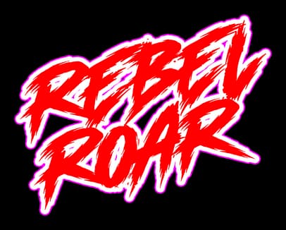 Rebel Roar: Jagged brush-script wordmark, slanted, with hot pink glow outline.