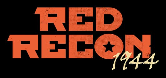Red Recon: Bold block letters with black outline; star cutout in O, “1944” brush script.