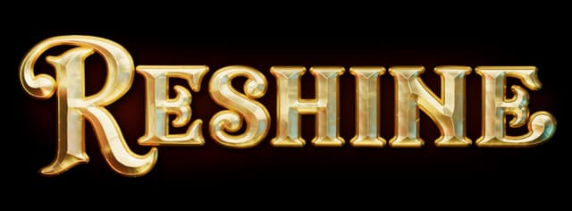 Reshine: Gold beveled serif letters with metallic shine and subtle 3D embossing.