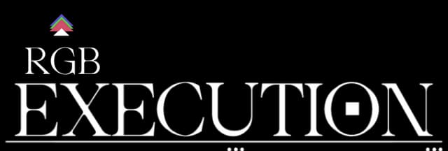 RGB: Bold serif title with neon chevron icon and subtle glow, wide underline.