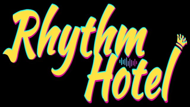 Rhythm Hotel: Retro cursive font with vibrant pink and yellow glow, crown accent.