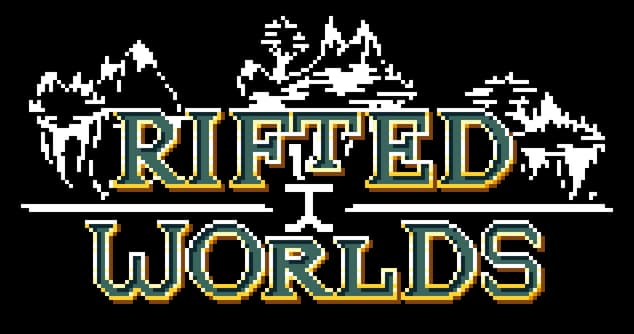 Rifted Worlds: Pixel-art serif lettering with gold outline, split by a white rift line.