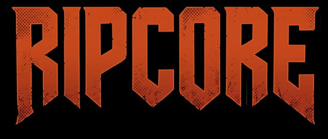 RIPCORE: Bold angular gothic letters, distressed texture with halftone shading.