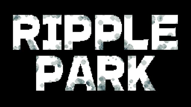 Broad, blocky letters with a pixelated texture and gray splatter effect.