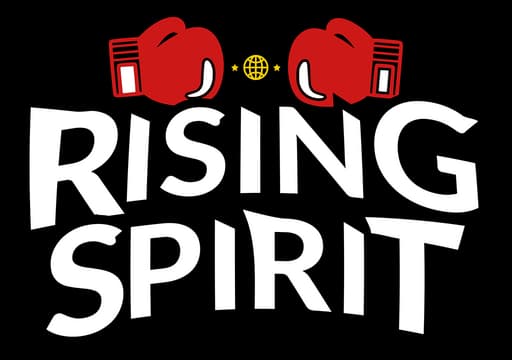 Rising Spirit: Bold curved white sans-serif text with red boxing gloves and gold globe icon.