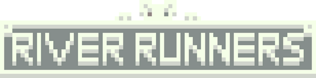 River Runners: Bold pixelated block letters in a thick framed banner, high-contrast shading.