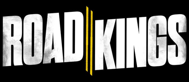 Road Kings: Bold distressed block letters, slight tilt, split by a vertical yellow road stripe.