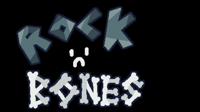 Rock-like 3D text with bone-inspired letters and a sad face symbol.