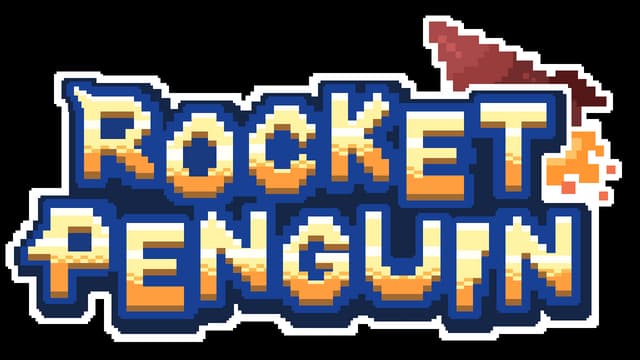 Rocket Penguin: Chunky pixel font with gold gradient, blue outline, rocket exhaust streak.