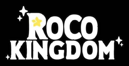 Roco Kingdom: Bold rounded letters with thick outline, star sparkles and yellow accent star.