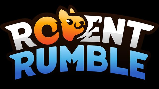 Rodent Rumble: Bold curved 3D letters with blue gradient and rodent-face icon in O.