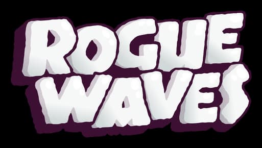 Rogue Waves: Chunky rounded 3D letters with glossy highlights and bold purple outline.