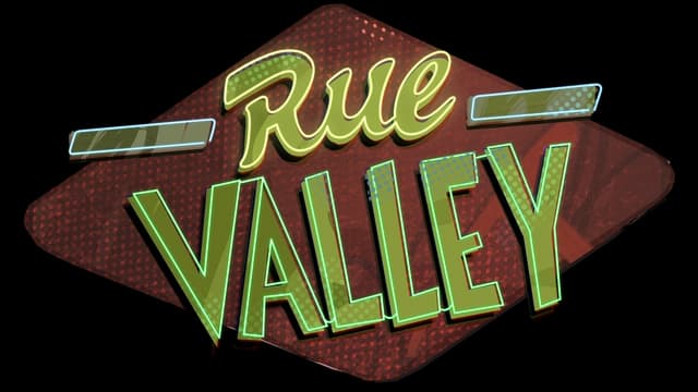 Curved script above bold green block letters, with shadow and lines.