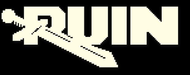RUIN: Bold block letters with pixel edging, sword underlining the word.