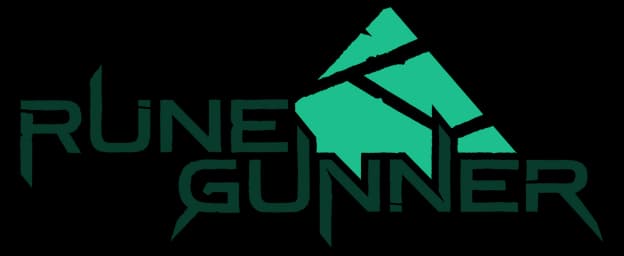 RUNE GUNNER: Angular sci-fi letters with teal rune-stone emblem in 3D perspective.