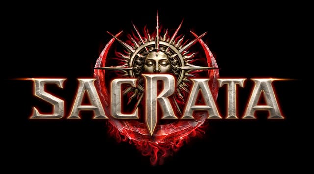 SACRATA: Beveled metallic serif letters over a spiked halo emblem, red glow.