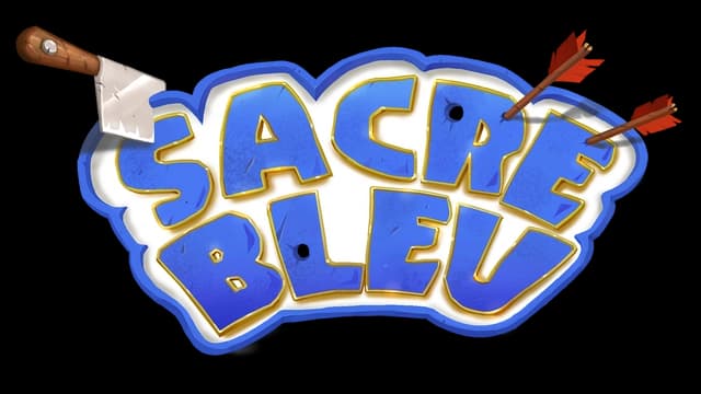 Blocky blue and gold font with arrows and cleaver embellishments.