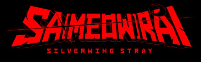 Sa[meow]rai: Jagged, slashed block letters with heavy perspective and sword silhouette.