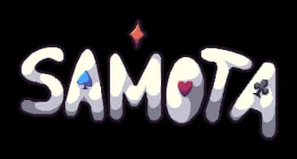 Samota: Chunky rounded letters with soft shadow, card-suit icons, diamond above A.
