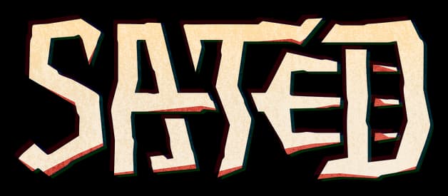 SATED: Jagged 3D block letters with red-green-blue glitch offset and rough texture.