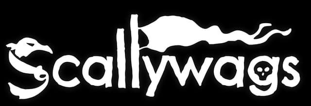 Scallywags: Bold hand-drawn pirate lettering, smoky swoosh above, thick outline shadow.