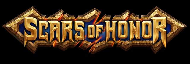 Scars of Honor: Beveled gold serif letters with stone plaque and fiery cracks.