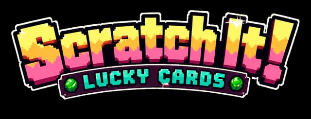 Scratch It! Lucky Cards: bold retro pixel font with gradient fill, thick outline, arched banner.