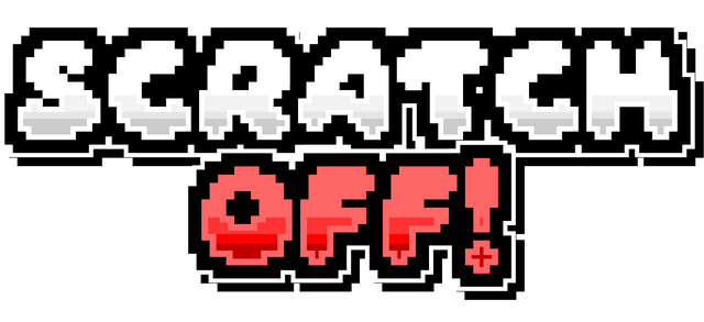 Scratch Off!: Chunky pixel letters with drop shadow, white-to-gray top, red OFF! stamp.