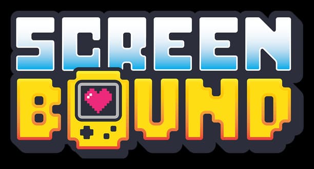 Screenbound: chunky pixel-art letters with blue gradient top and yellow handheld icon O.