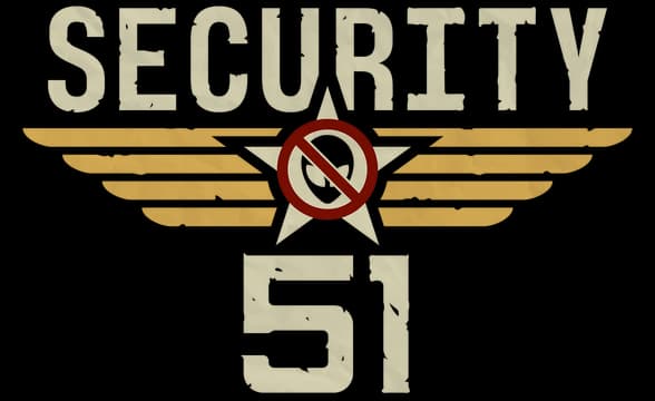 Security 51: Distressed stencil text with winged badge, star, and red warning symbol.