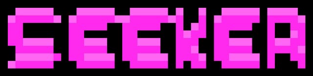 Pixelated pink block letters with staggered shading effect.