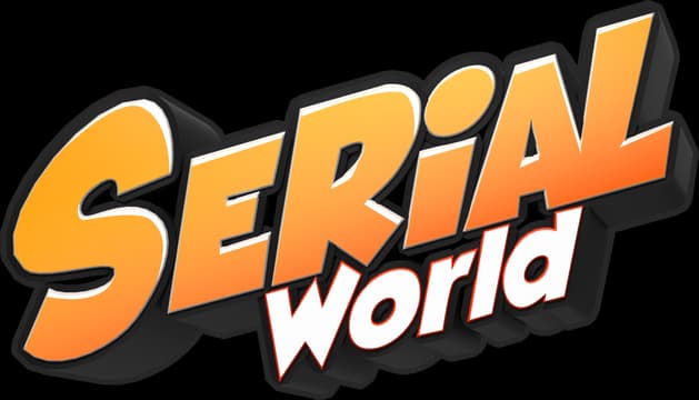 Serial World: Bold tilted orange 3D letters with thick shadow and red outline.