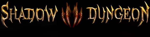 Shadow Dungeon: Jagged gold Gothic lettering with dark glow and spiked red crest icon.