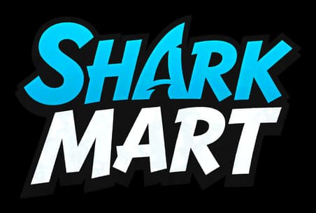 Shark Mart: Bold italic block letters with cyan gradient top line and drop shadow.