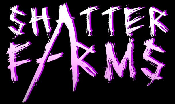 SHATTERFARMS: jagged brushstroke lettering with neon magenta glow and drips.