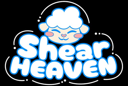 Shear Heaven: Puffy rounded letters with blue outline, smiling cloud-sheep icon above.