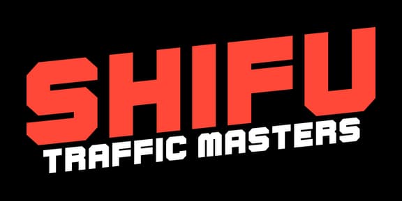SHIFU: Bold red angular block letters, tilted badge with black outline and shadow.