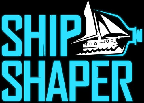 ShipShaper: Bold block letters with a sharp ship silhouette cutting through the text.