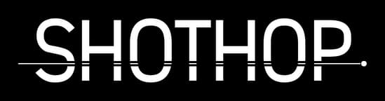 Shothop: Minimalist rounded sans-serif wordmark split by a thin horizontal line.