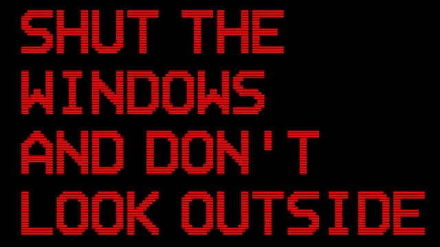 Red uppercase text with CRT scanlines effect vertically stacked.