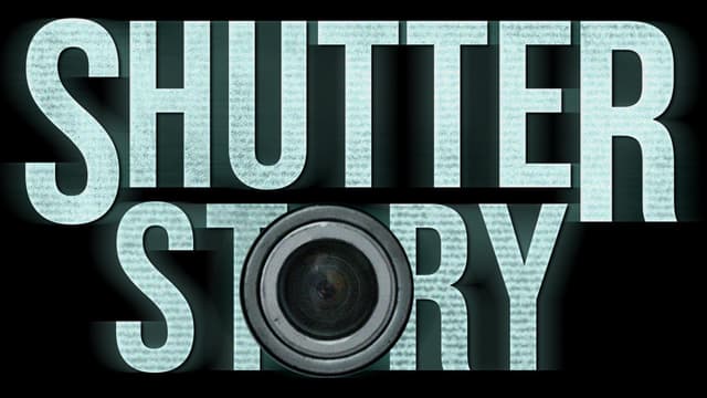 Shutter Story: Large bold block letters, icy texture, camera lens replacing the O.