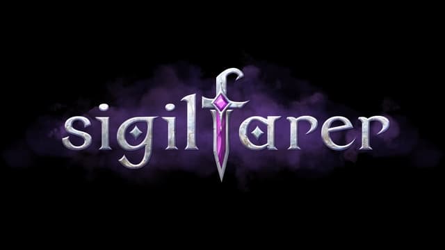 Silver serif font with sword as "l," purple jewels, smoky purple backdrop.