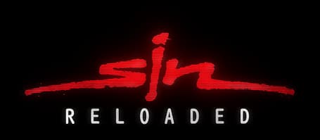 SiN Reloaded: Red graffiti-script wordmark with glow, bold spaced metallic RELOADED below.