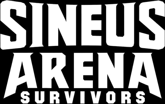 Sineus Arena Survivors: Bold condensed block letters with slight curve and stacked layout.