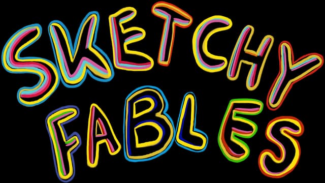 Sketchy Fables: Bold hand-drawn bubble letters with layered neon outlines and glow.