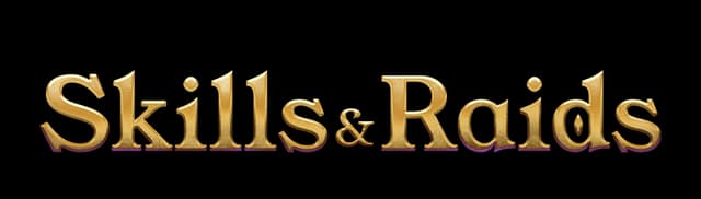 Skills & Raids: Beveled gold serif lettering with metallic shine and subtle shadow.