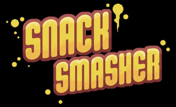 Snack Smasher: Chunky retro block letters, warm 3D shadow, juice splatter accents.