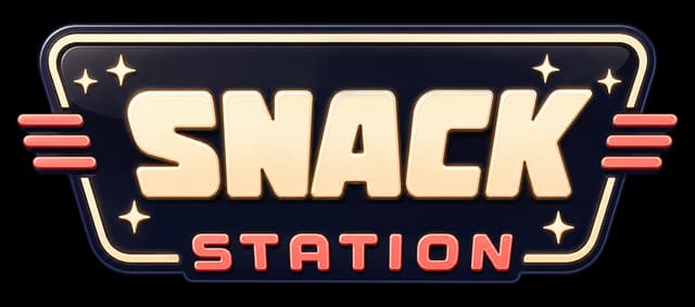 Snack Station Co-op Simulator: Chunky 3D retro sci-fi letters on a glowing badge.