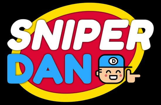 Sniper Dan: Bold rounded italic text on red oval badge, with cartoon face icon.